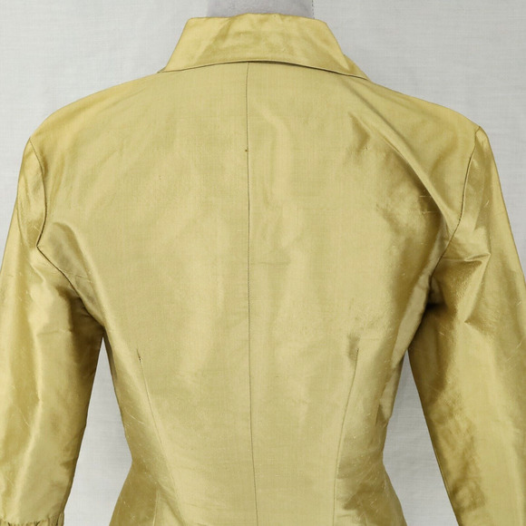 Cache Jacket Womens 8 Silk Green Gold Lined Pleated Trim Lightweight Vintage - Picture 7 of 12